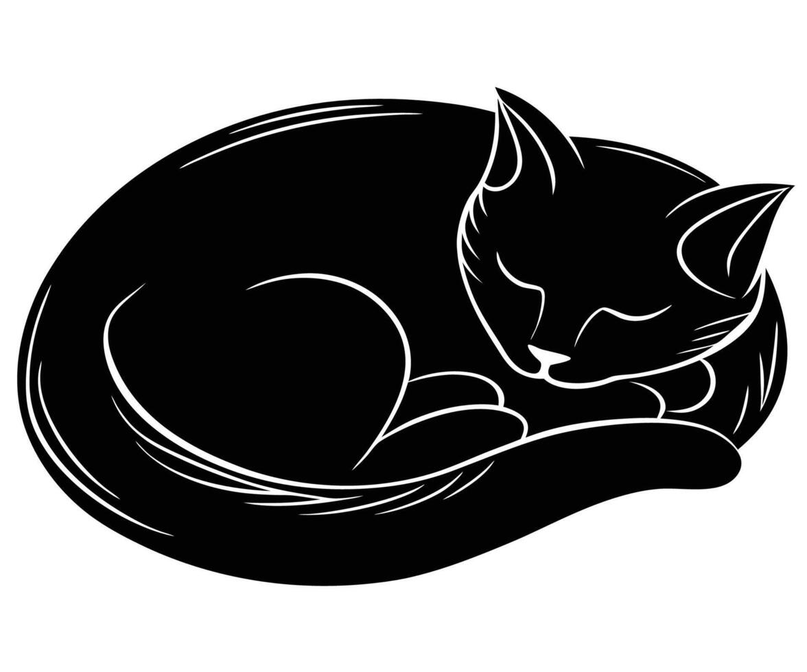 A black and white silhouette of a sleeping cat vector