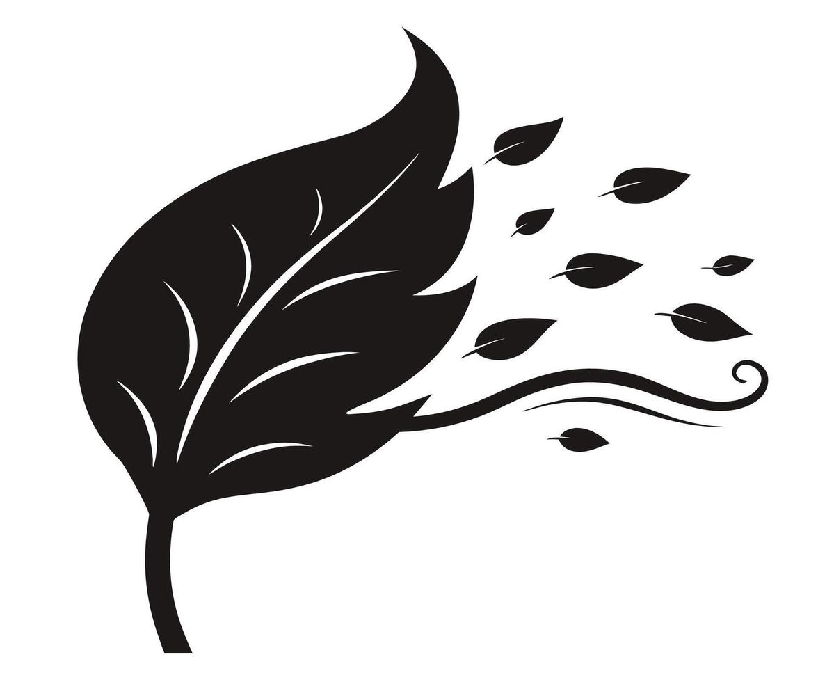 A black and white illustration of a leaf blowing in the wind vector