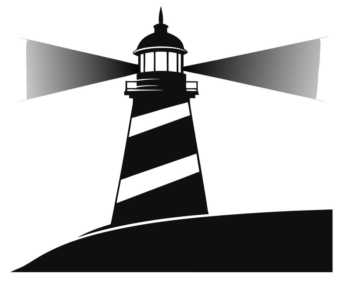 A black and white lighthouse with a light shining on it vector