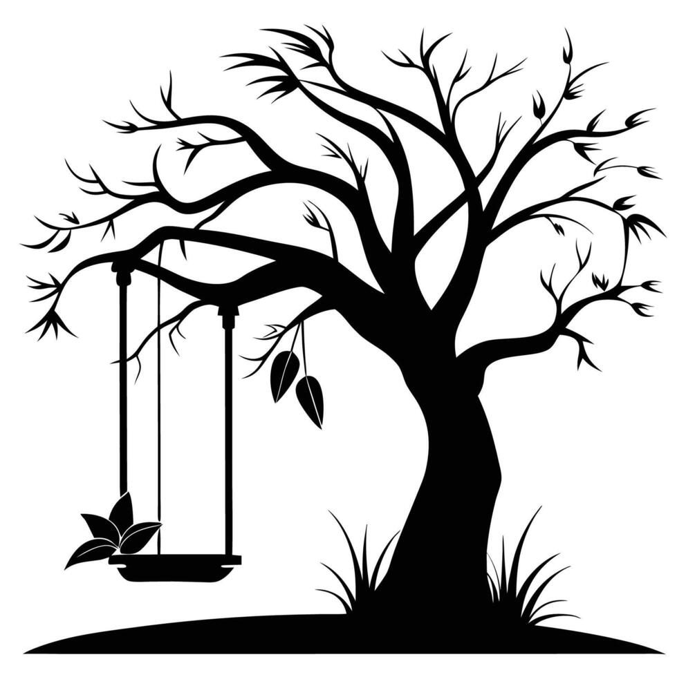 A black and white silhouette of a tree and swing vector