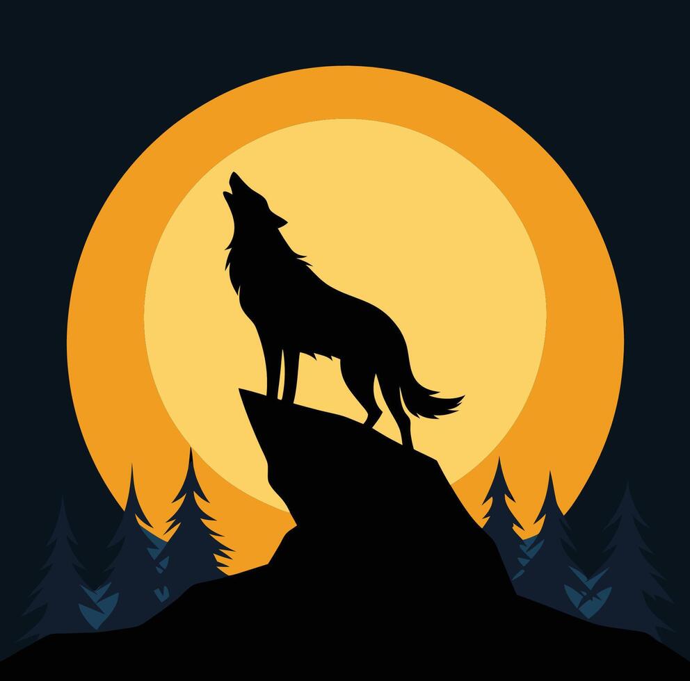 The wolf howling at the moon in the forest vector