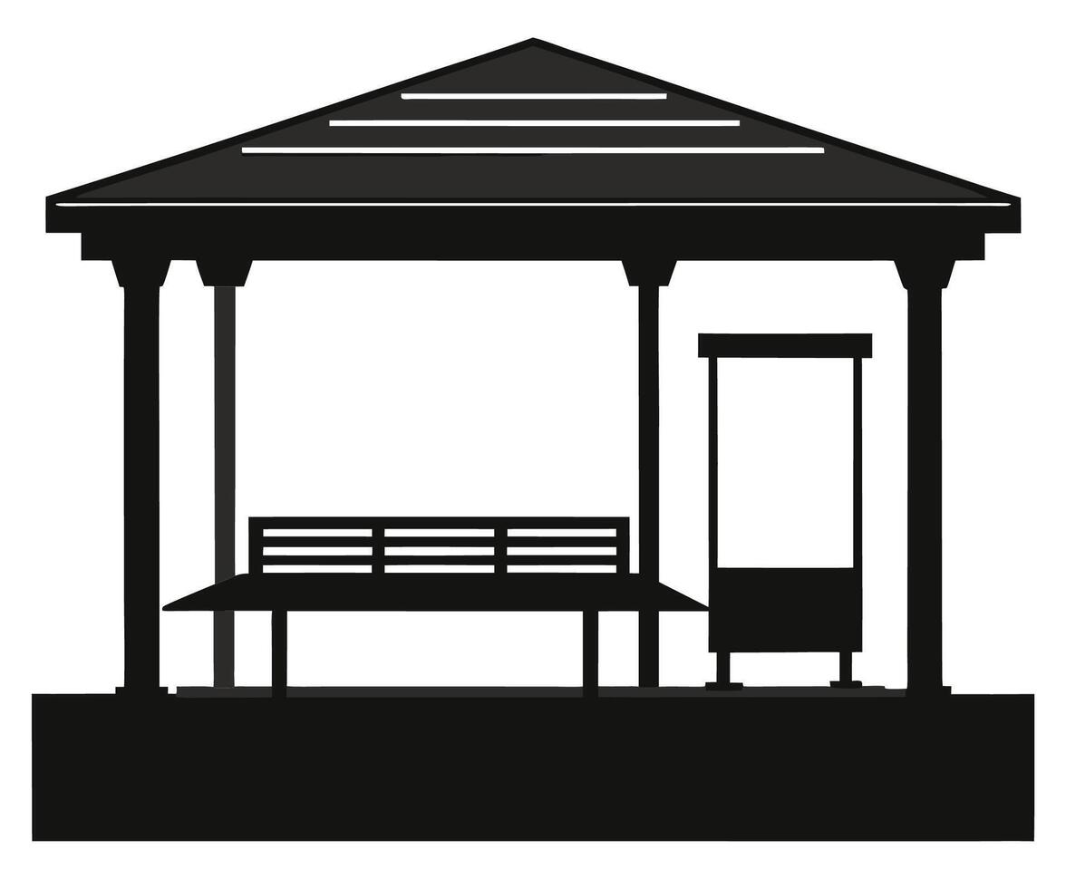 A black and white image of a bench and a gazebo vector