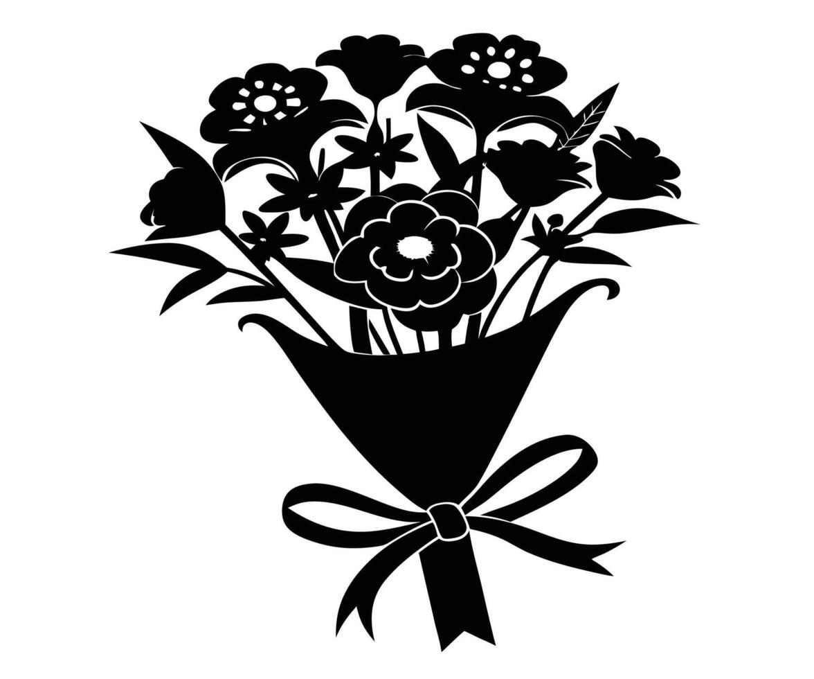 A bouquet of flowers is shown in black and white vector