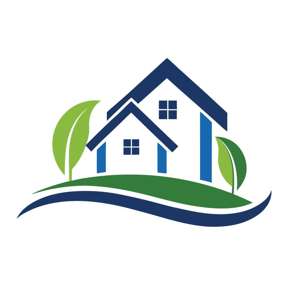 House logo with green leaves and blue water vector
