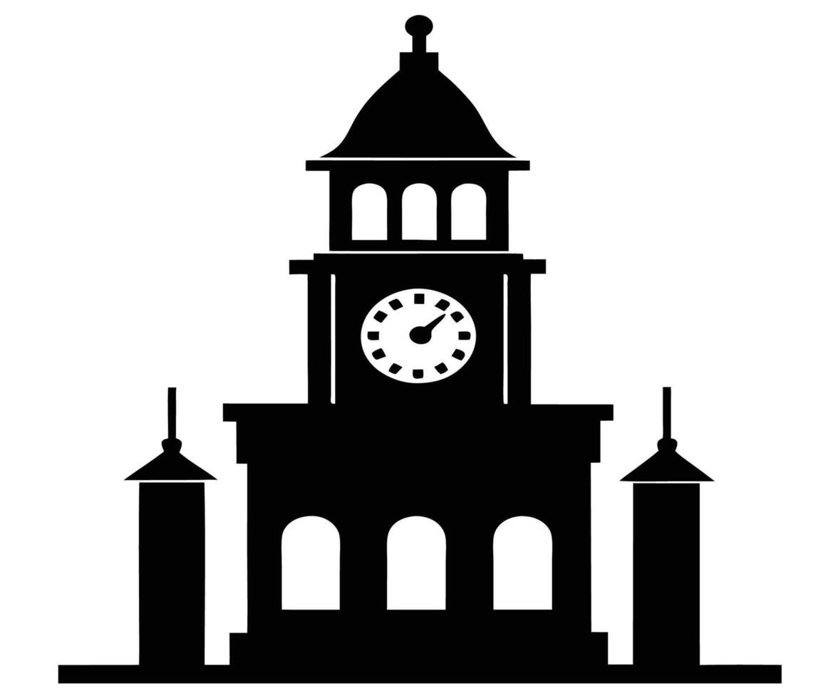 A black and white silhouette of a clock tower vector