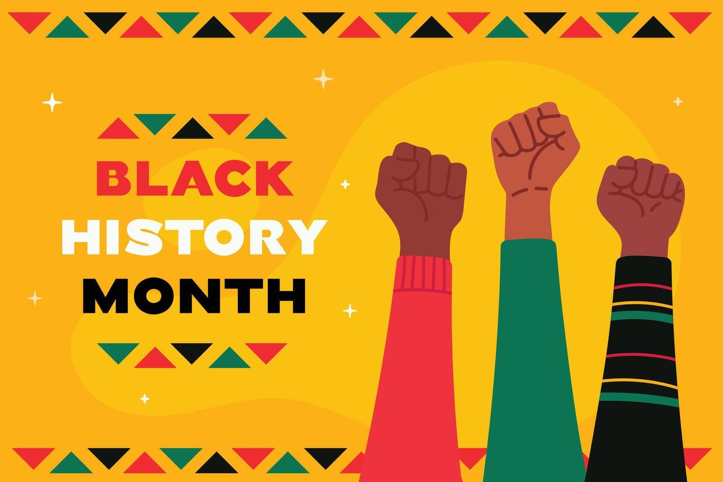 Black history month banner with african american peoples fists on yellow background. Flat illustration design graphic. Template for background, banner, card, poster vector