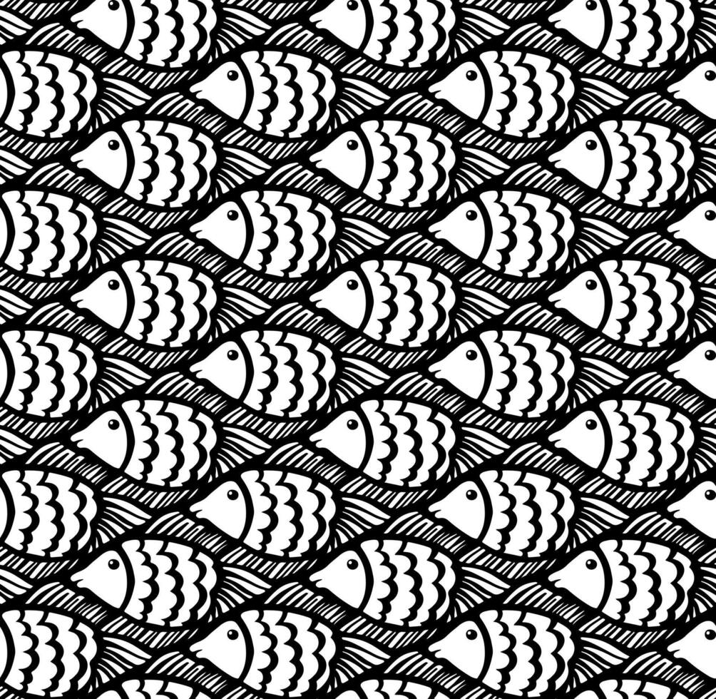 Black and White Cartoon Fish Tessellation with Smooth Flowing Lines vector
