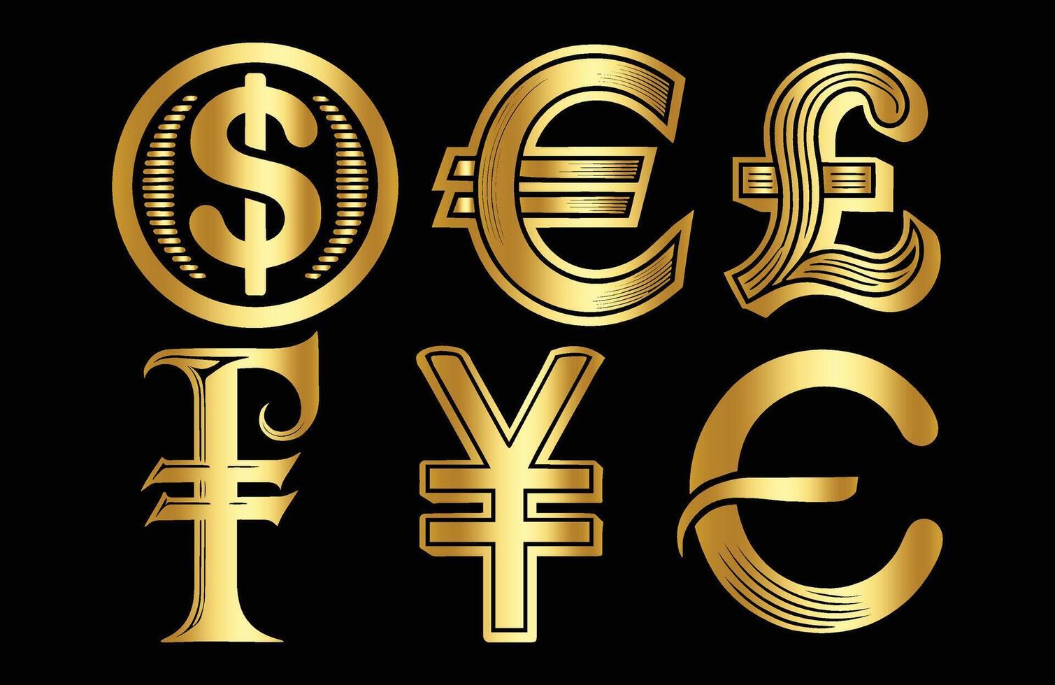 Golden currency symbols on black background vector