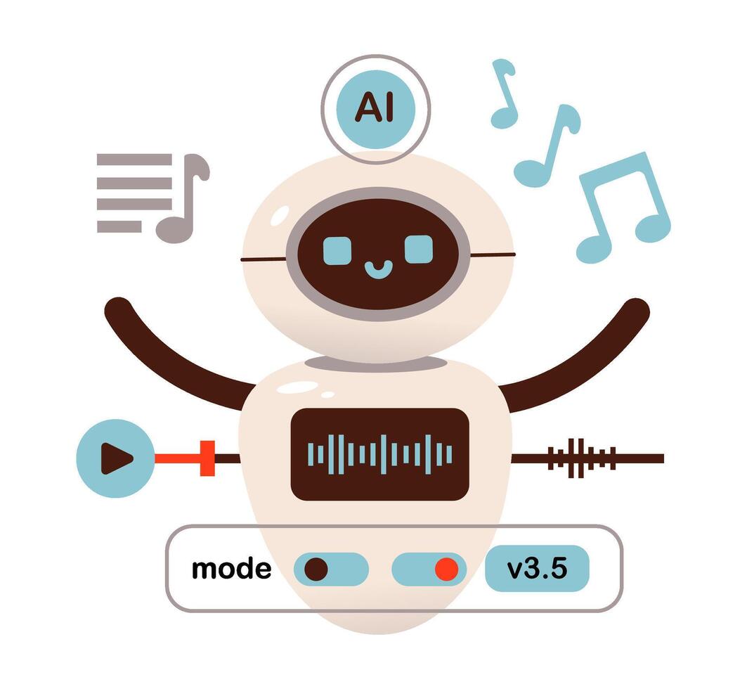 Robotic assistant composing music. AI-powered music system generating melodies. AI technology concept. Flat illustration. vector