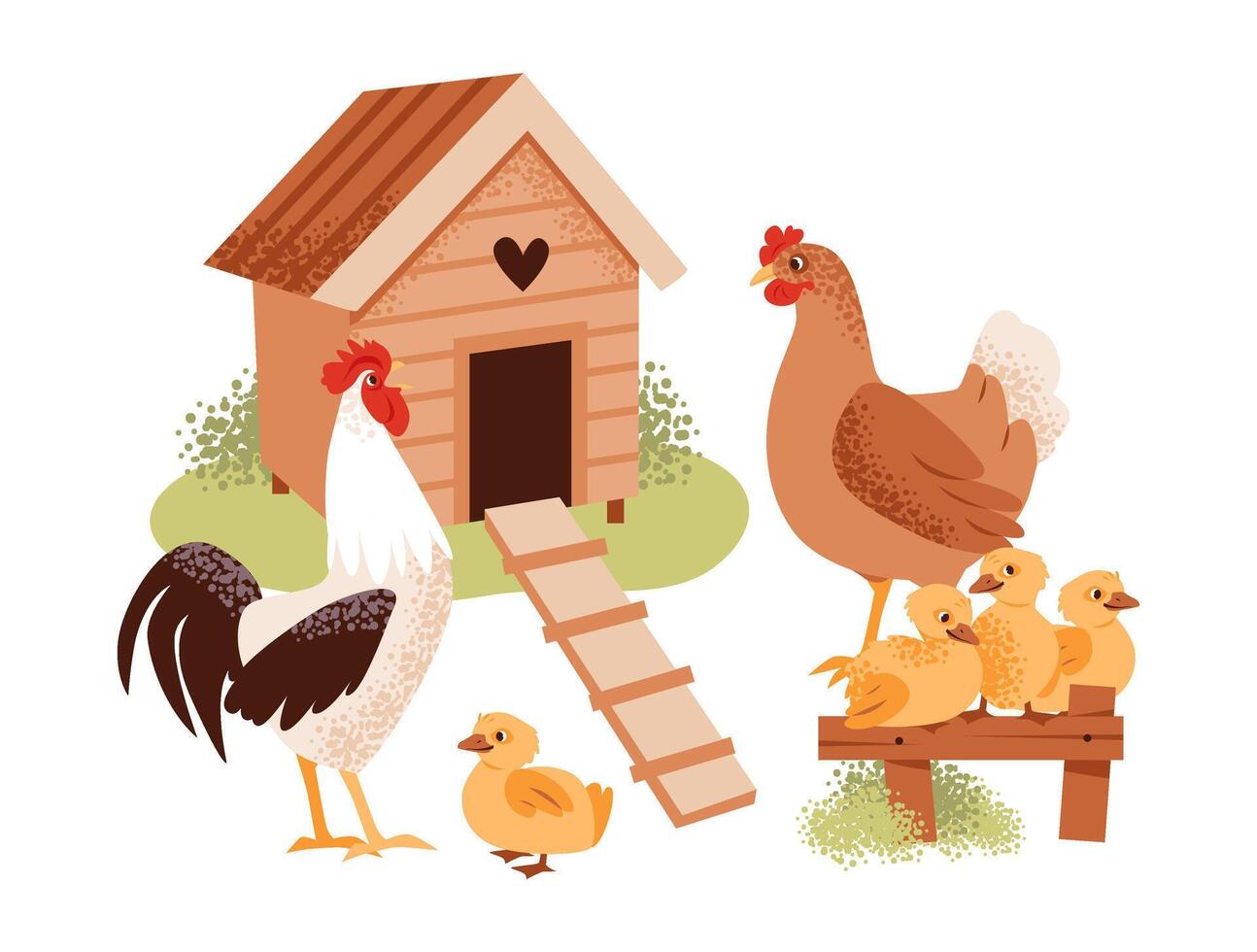 Chickens and a rustic birdhouse. Rooster and hen near a cozy birdhouse. Family and home life on a farm. vector