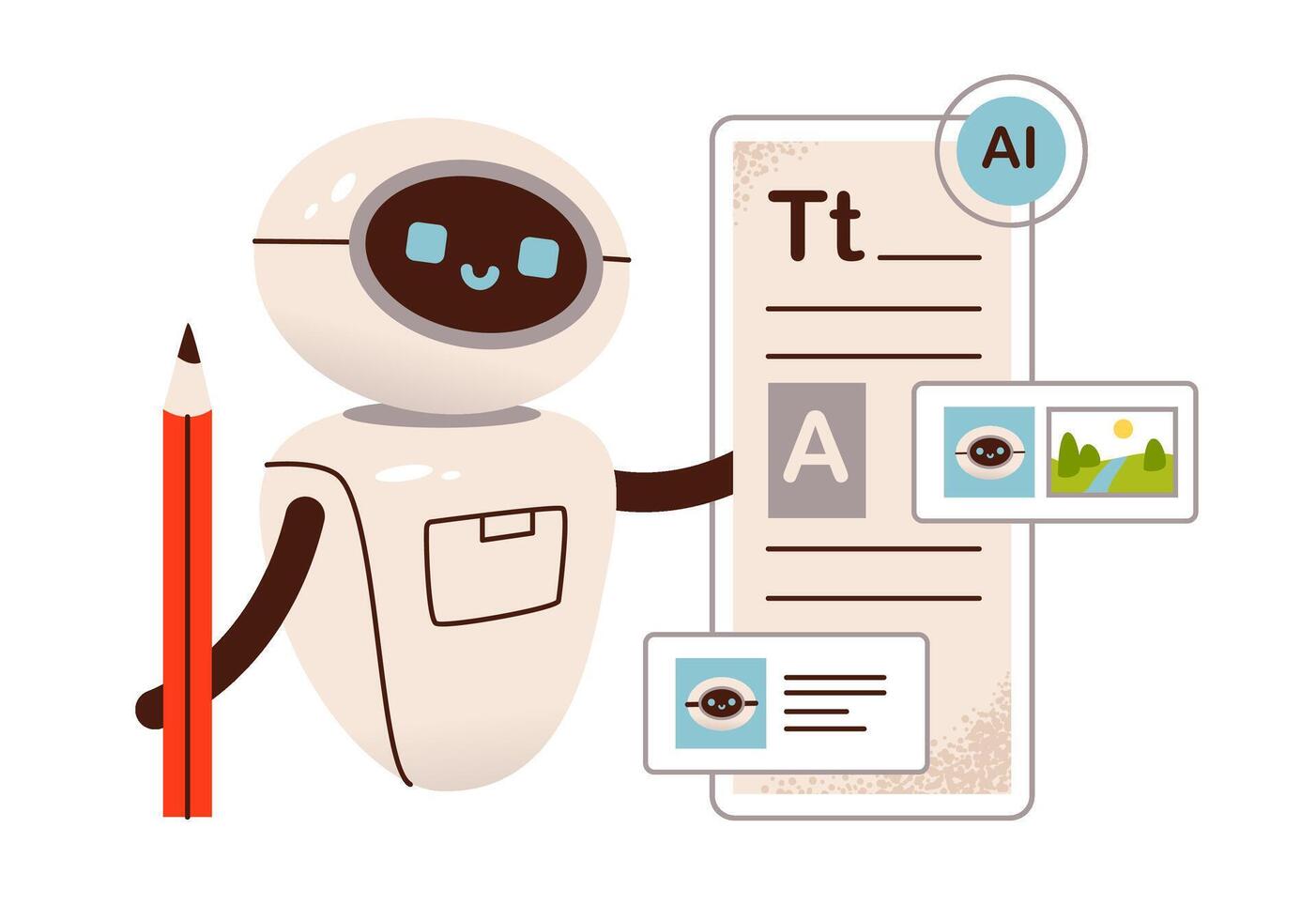 Robotic assistant generating written content. Translation and writing of text using artificial intelligence. Flat illustration. vector