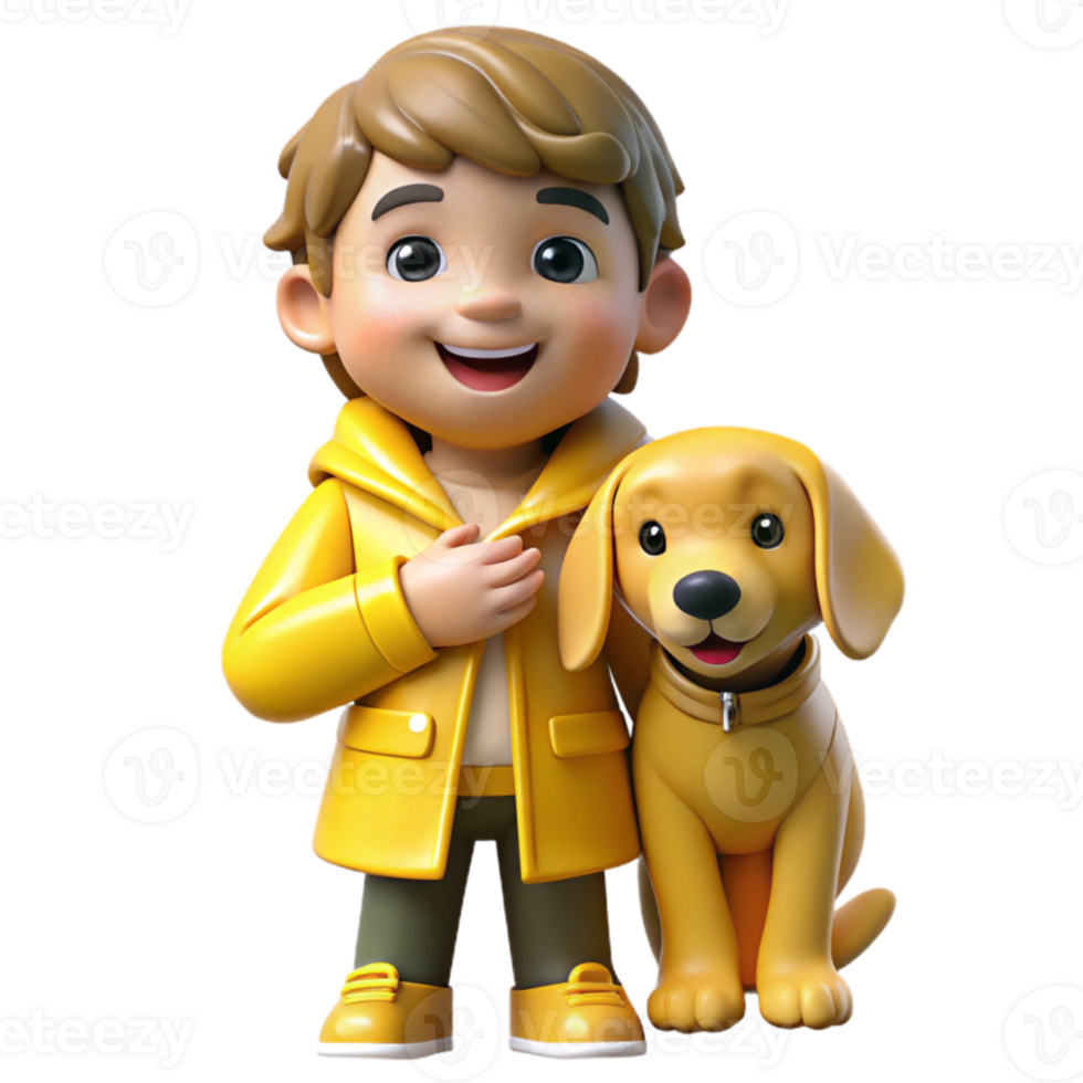 A cartoon boy with a yellow raincoat and a dog png
