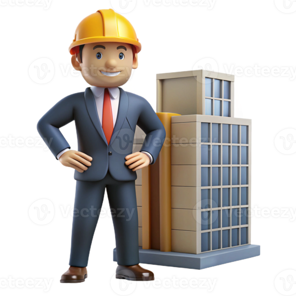 A cartoon man in a suit and hard hat standing next to a building png