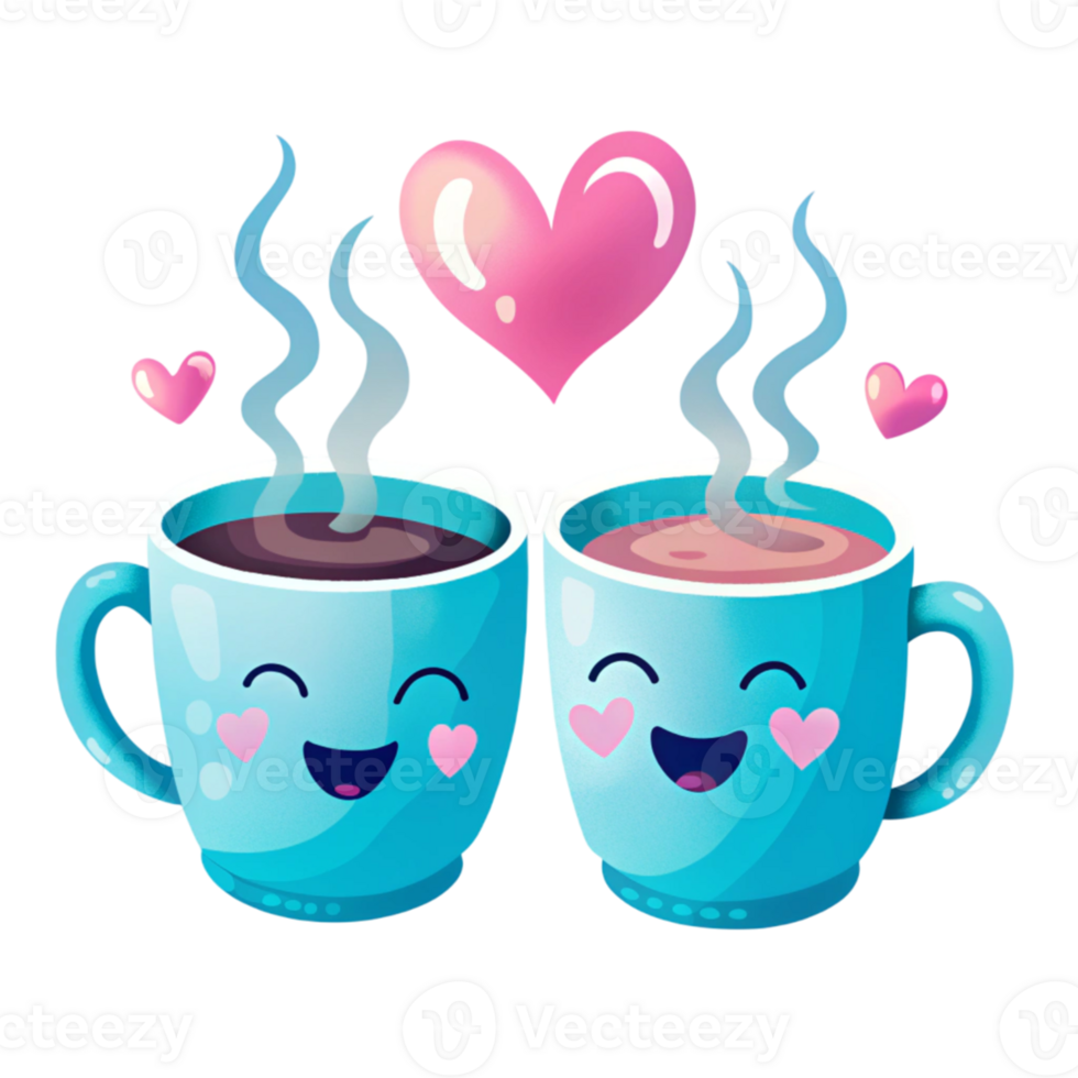 Two coffee cups with hearts and steam coming out of them png