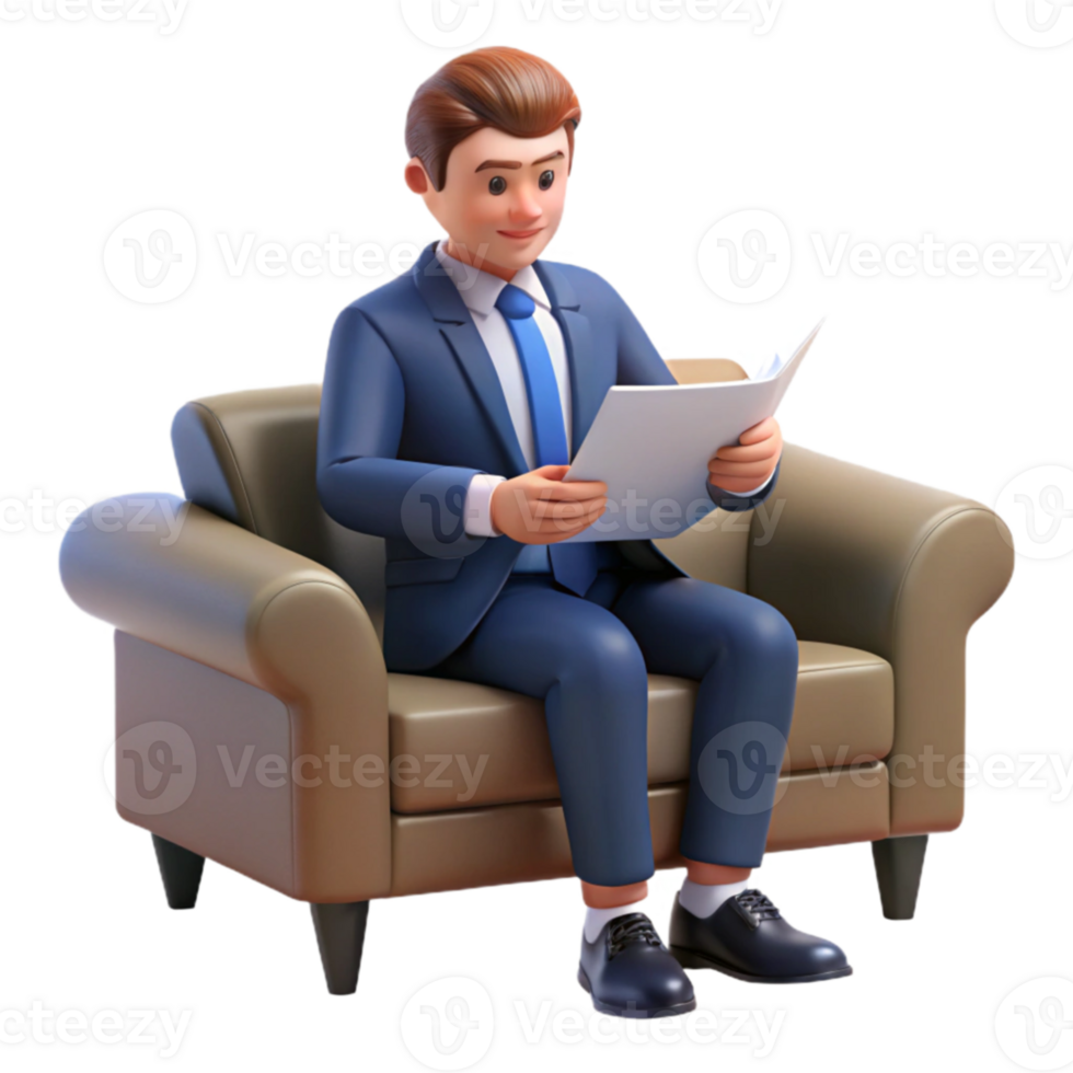 Man in suit sitting on couch reading paper png