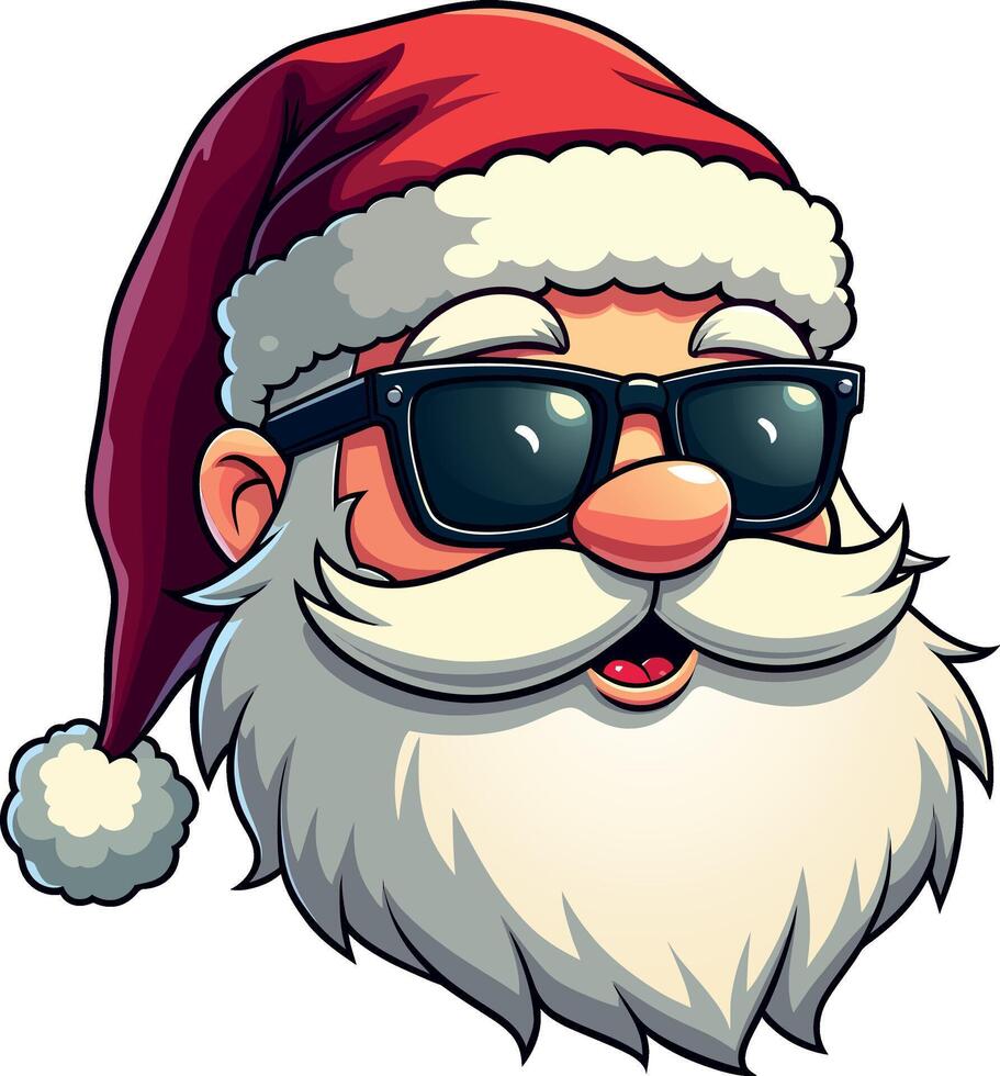 Santa head with beard wearing Christmas hat and using black sunglass vector