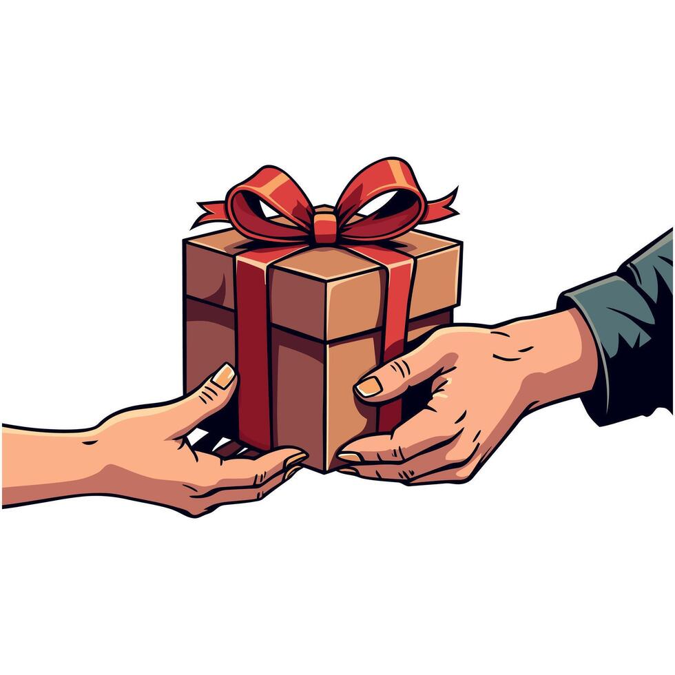 two hands exchange Christmas, Valentine, anniversary holiday gift box Illustration isolated on white background vector