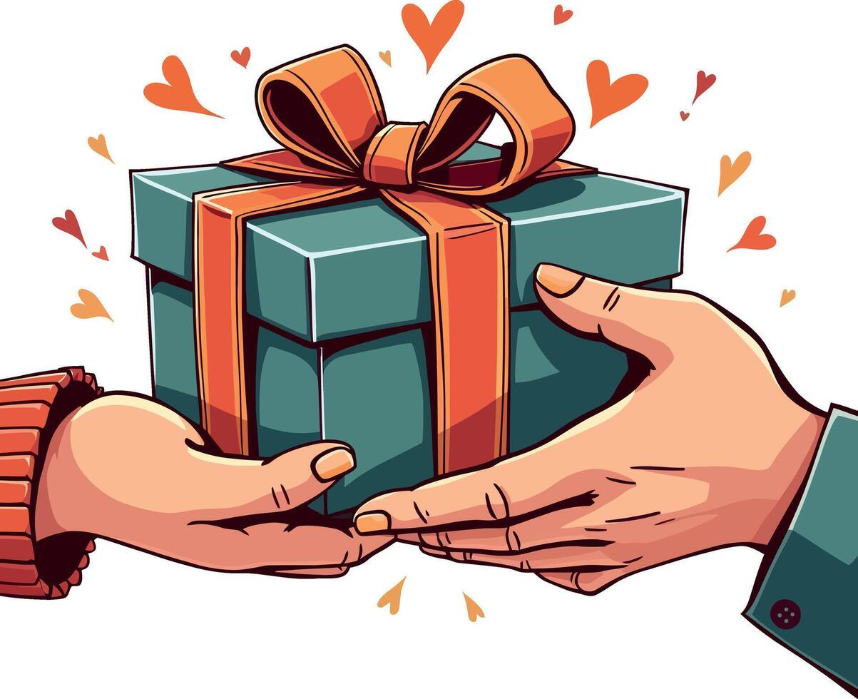 two hands exchange Christmas, Valentine, anniversary holiday wrapping gift box vector