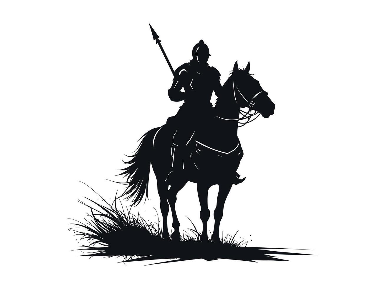 knight warrior with spear ride on horse wearing war helmet run horse on the grass shilhouette illustration in black on white background vector