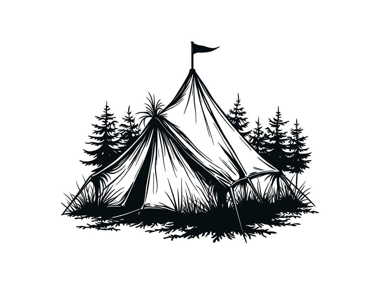 camping tent with pine tree silhouette illustration for camping and hiking vector