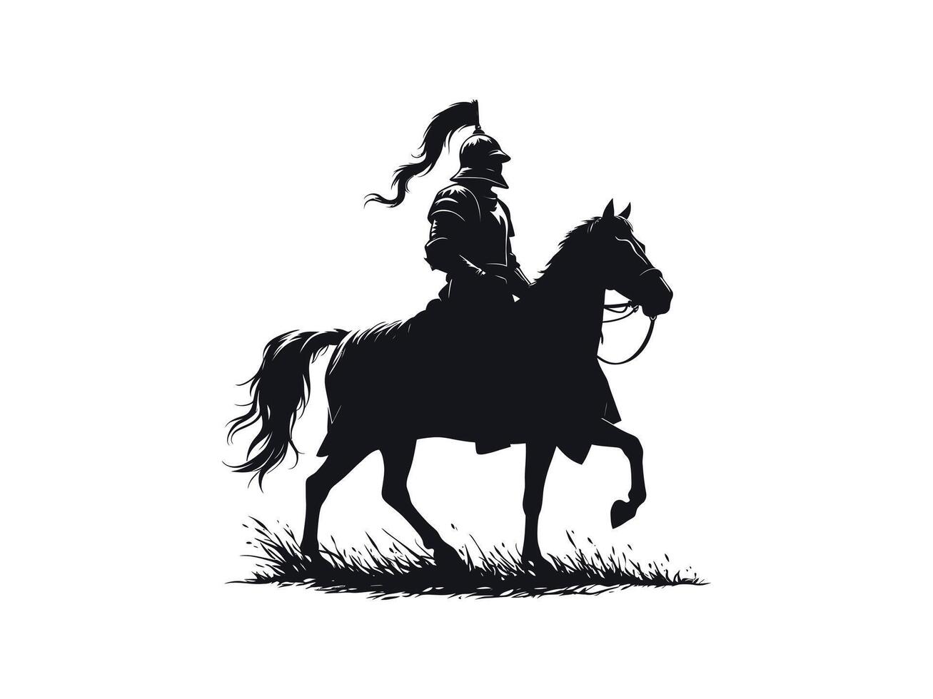 knight warrior sitting on horse with wearing war helmet run horse on the grass shilhouette illustration in black on white background vector