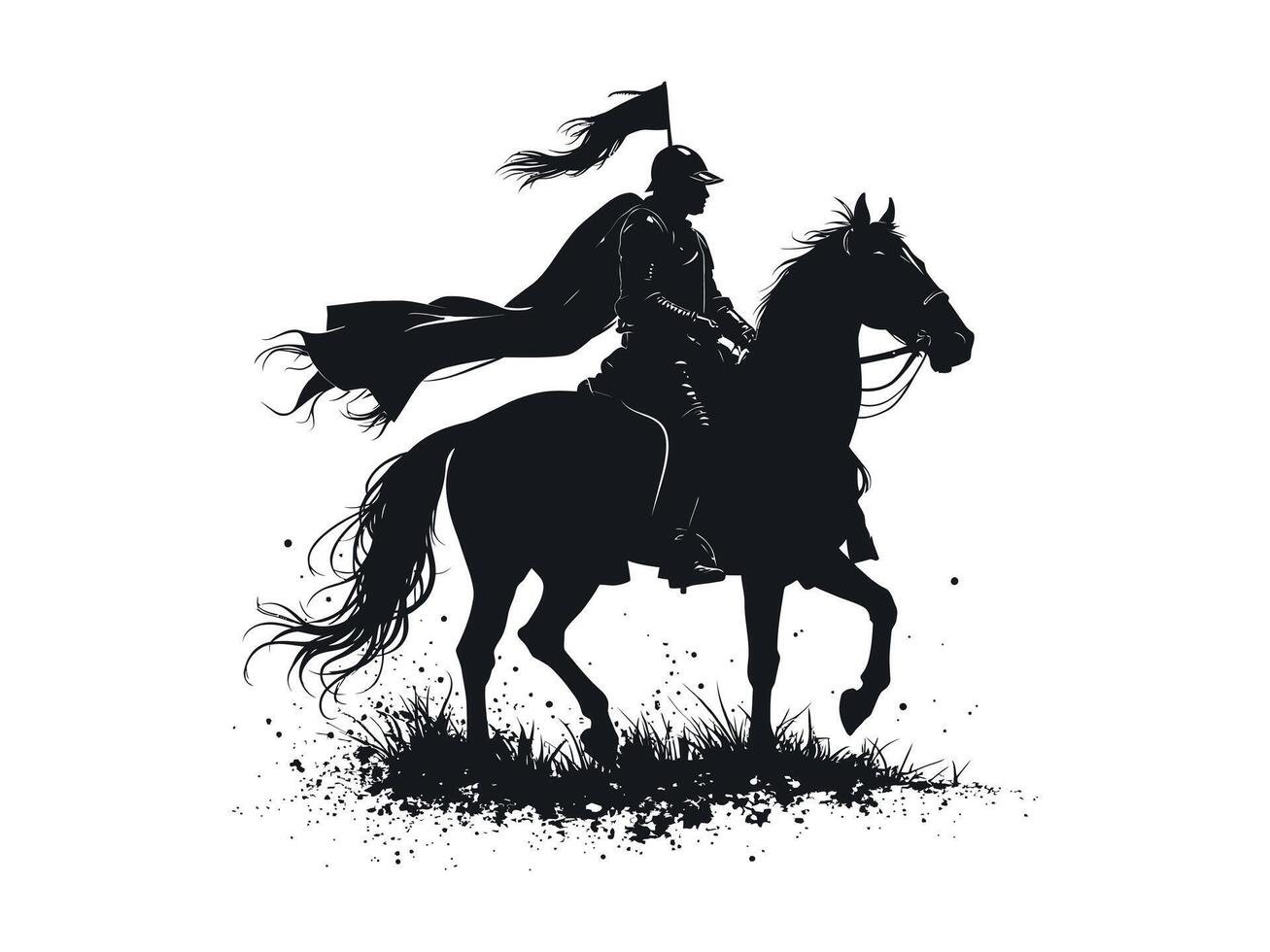 A knight warrior sitting on horse and the horse run on the grass shilhouette illustration isolated on white background vector