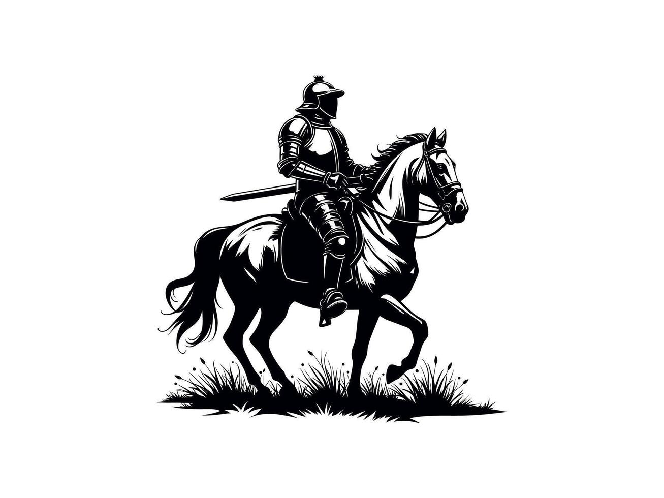 A knight soldire sitting on horse with sword and the horse run on the grass shilhouette illustration vector
