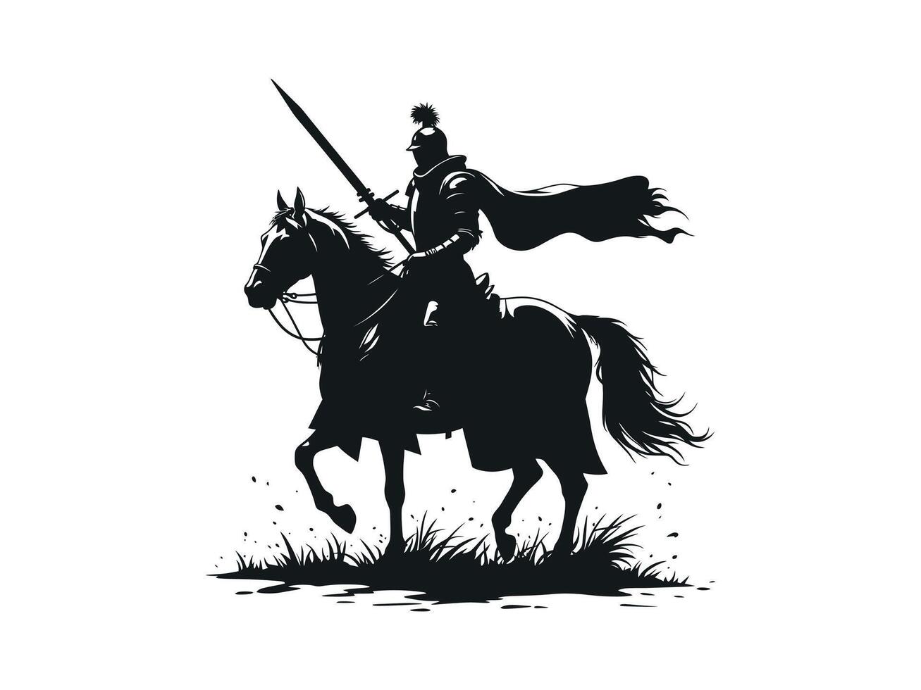 knight warrior sitting on a horse with open sword and the horse run shilhouette illustration isolated on white backgorund vector