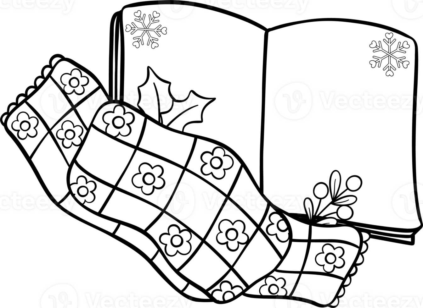 Groovy Retro Winter Bookish opened Book with scarf Coloring Image png