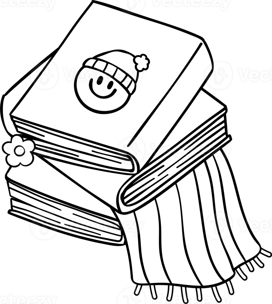 Groovy Retro Winter Bookish Stacked Books with scarf Coloring Image png