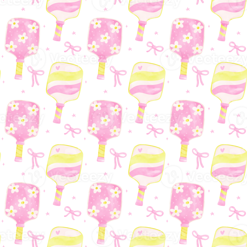 Preppy Pink and yellow Pickleball Paddles Seamless Pattern watercolor png