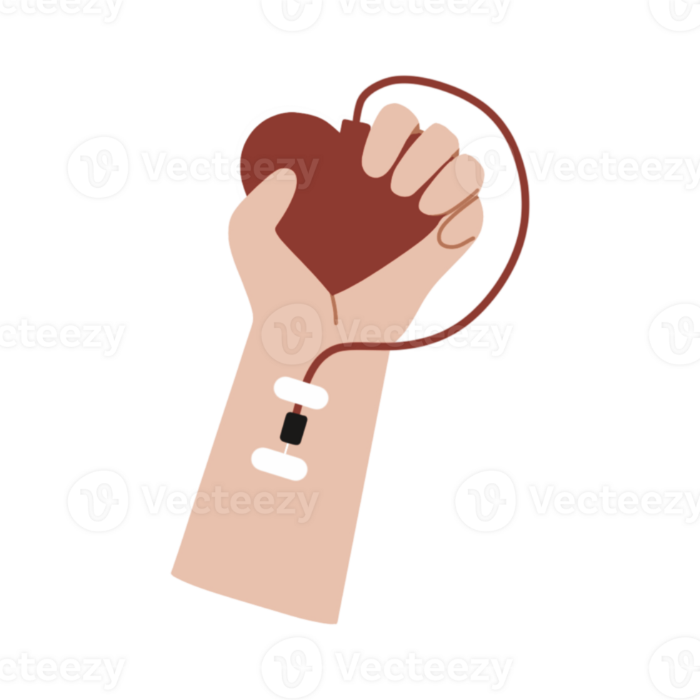 A hand holding a blood bag with a heart png