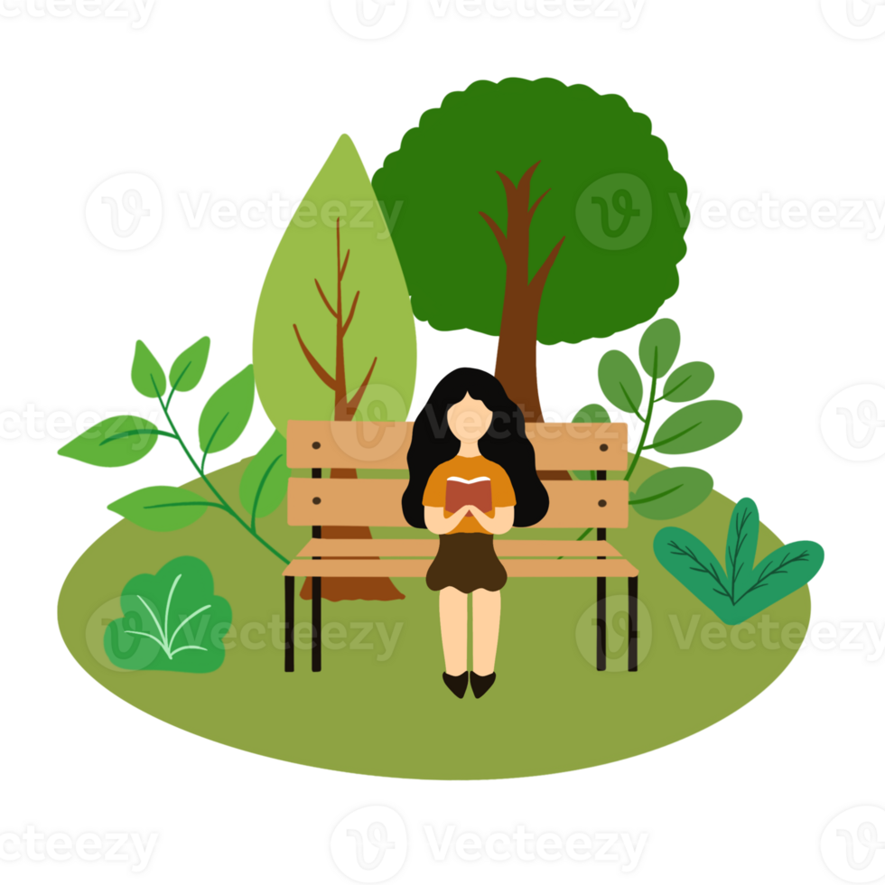 Flat design illustration. Girl sitting down on park chair png