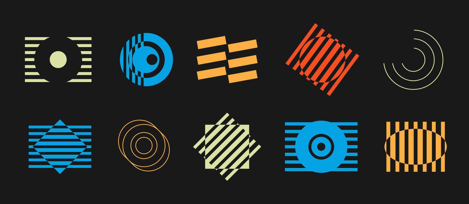 Brutalism Color Elements Optical Illusions Collection on Black Background vector