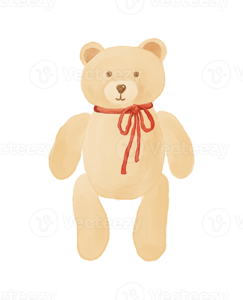 Watercolor Vintage Plush Teddy Bear Toy with Red Ribbon png