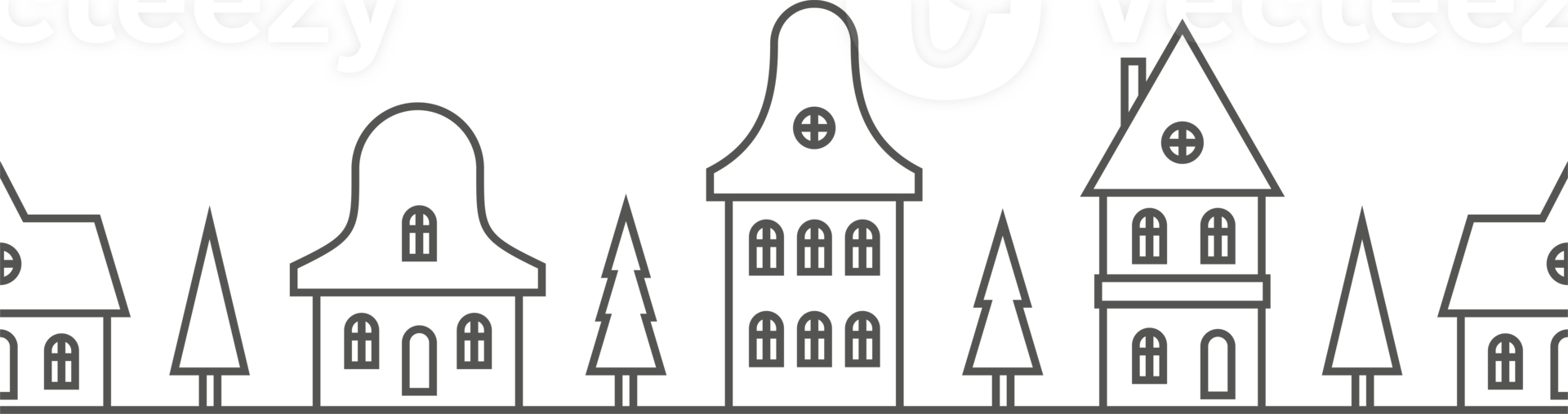 Christmas winter houses. Outline silhouette of neighborhood. Seamless border with skyline of cute buildings church and fur trees. Horizontal panorama with row of cozy homes. png