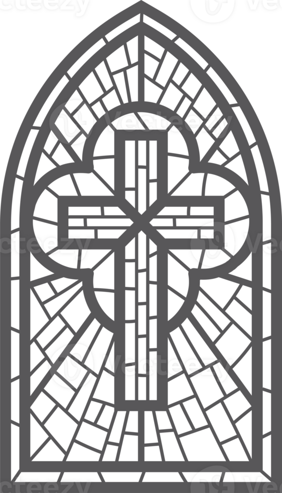 Gothic church glass window. Catholic cathedral frame with cross. Medieval stained castle architecture Christian design mosaic decoration png