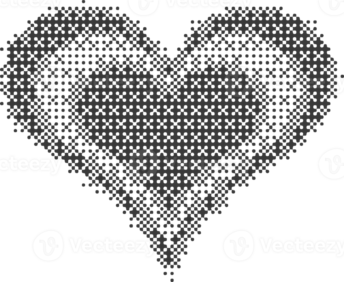 Pixel pattern heart. Bitmap dotted texture symbols of love. Retro design element with color gradation. Y2k grainy digits halftone shape. Valentine day grunge figures png