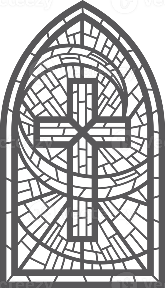 Gothic church glass window. Medieval stained castle architecture Christian design mosaic decoration. Catholic cathedral frame with cross. png