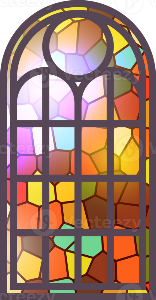 Gothic stained glass window. Church medieval arch. Catholic cathedral mosaic frame. Old architecture design png