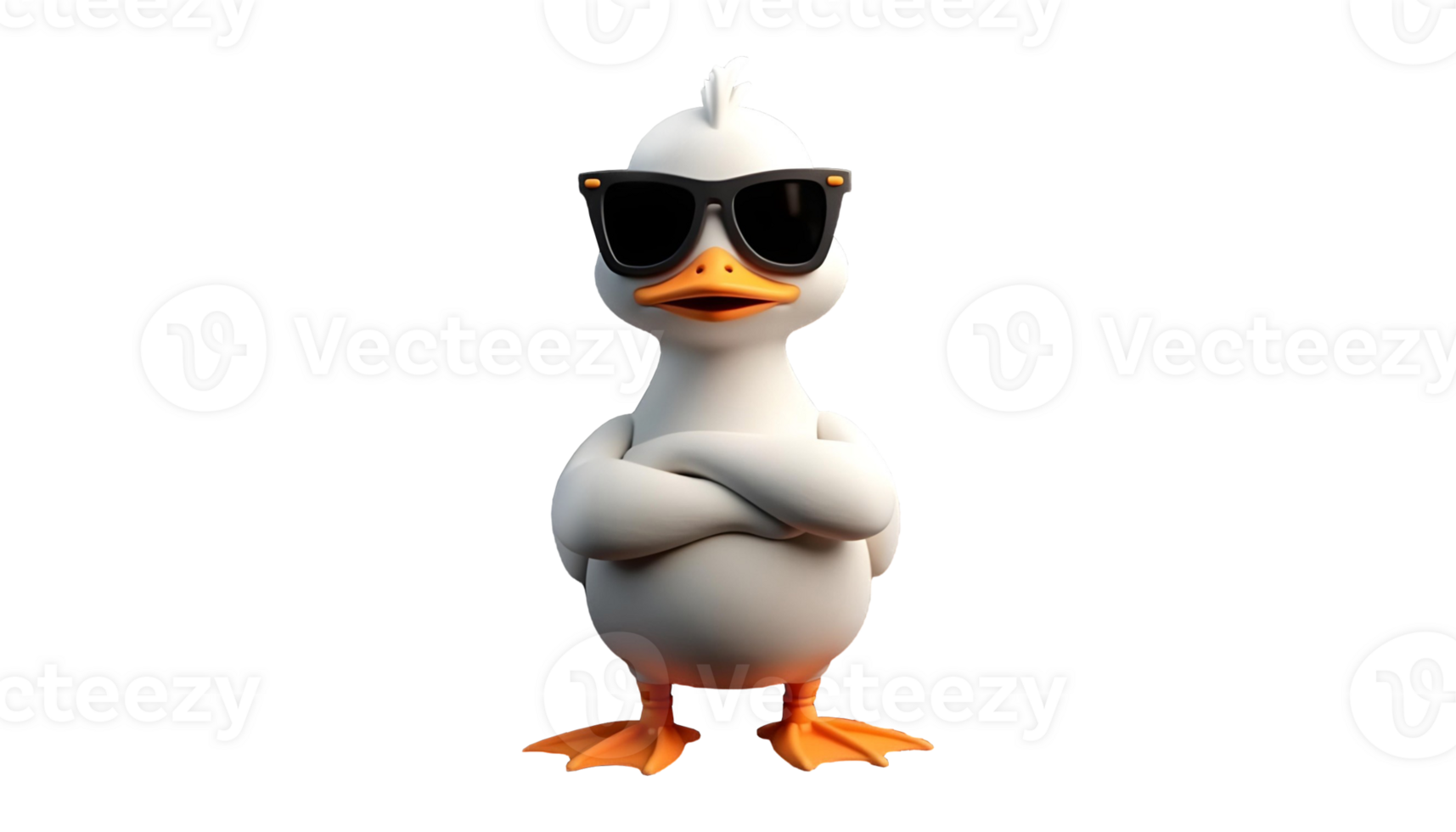 White stylish 3D duck wearing dark glasses, arms crossed transparent image png
