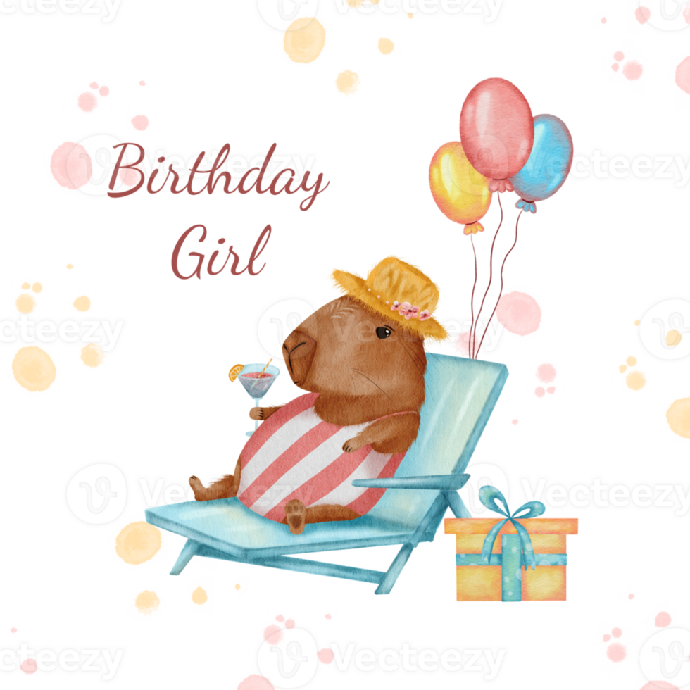 Vibrant Artistic Birthday Card with a Quirky Capybara in a Swimsuit, Perfect for Summer Celebrations png