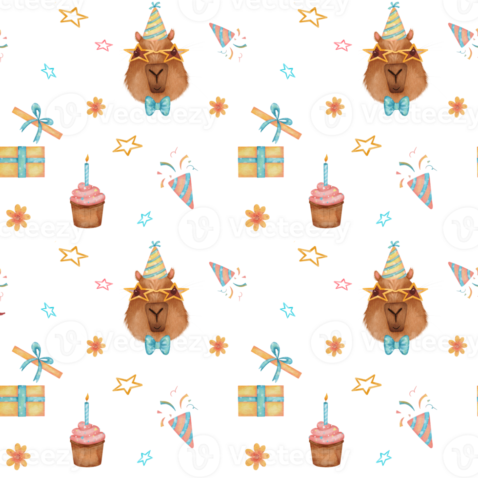 Cute Capybara with Party Hat Seamless Pattern for Fun Birthday Celebration Gift Wrapping Design png