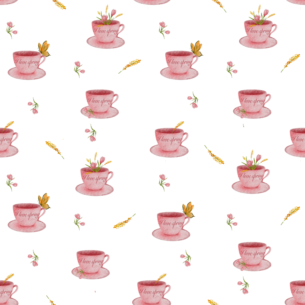 Seamless Watercolor Pattern with Pink Cups and Spring Flowers, Soft and Vibrant Spring Mood Design png