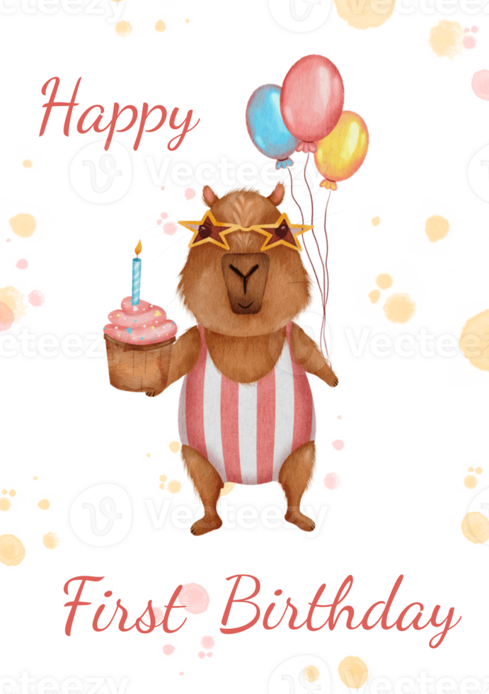 Cheerful Handmade Birthday Greeting Card Featuring a Playful Capybara in a Summer Swimsuit Design png