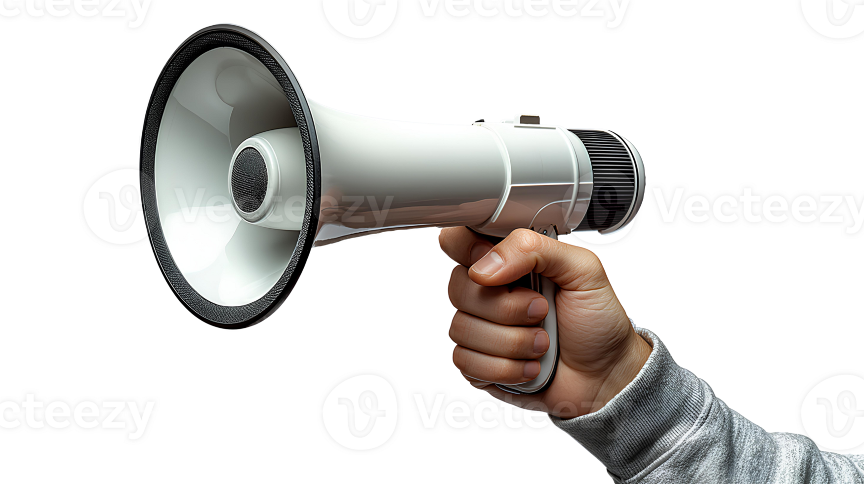 person with megaphone . Hand holding a megaphone isolated. Hand holding white bullhorn . White megaphone isolated png
