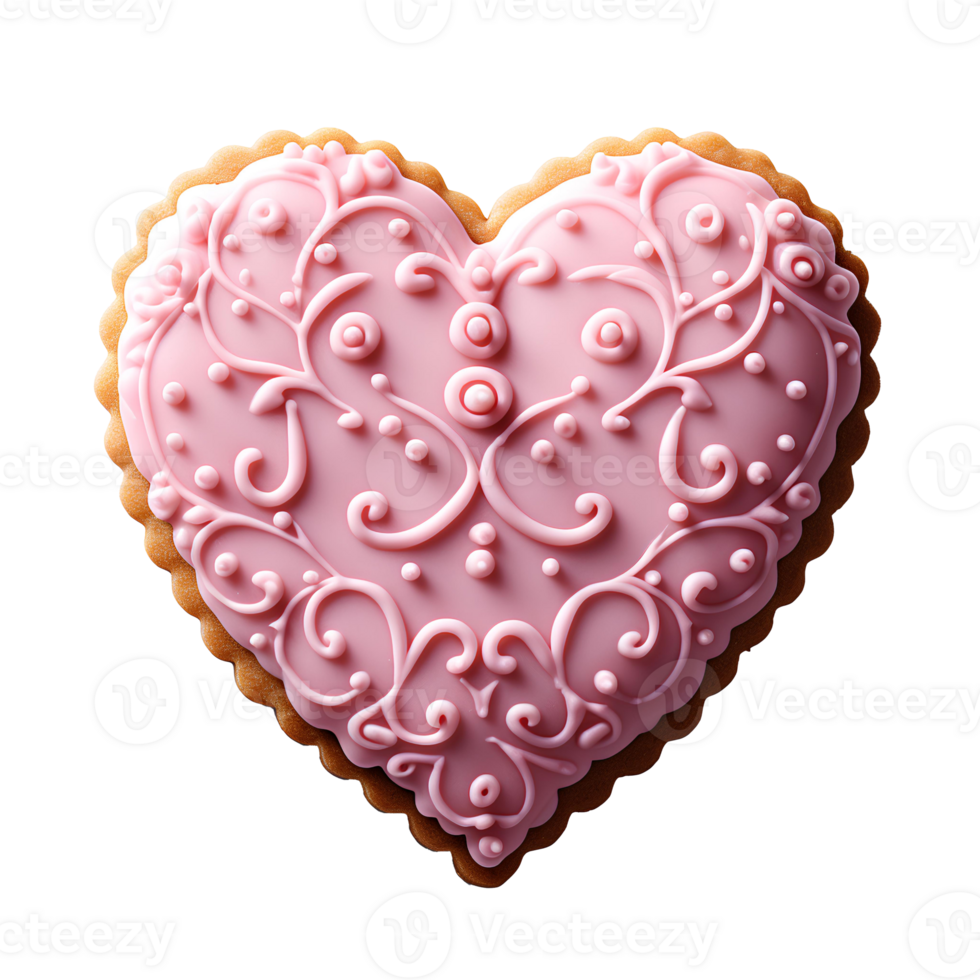 heart shaped cookie with pink frosting on top . Heart shaped sugar cookie for Valentine's Day top view . Valentine day biscuit flat lay isolated png