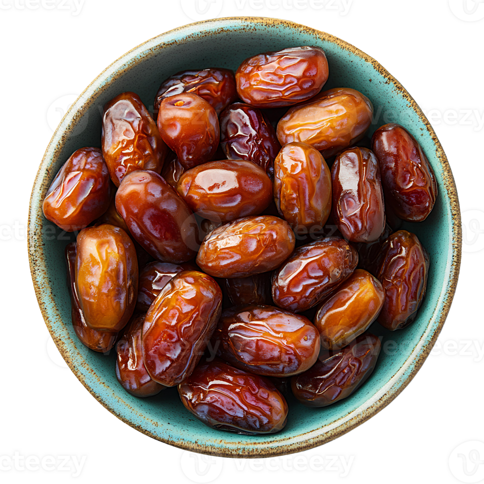 Dates in bowl . Bowl full of dates top view . bowl with date fruit flat lay isolated. organic, healthy, vegan, vegetarian dates full of vitamins isolated png