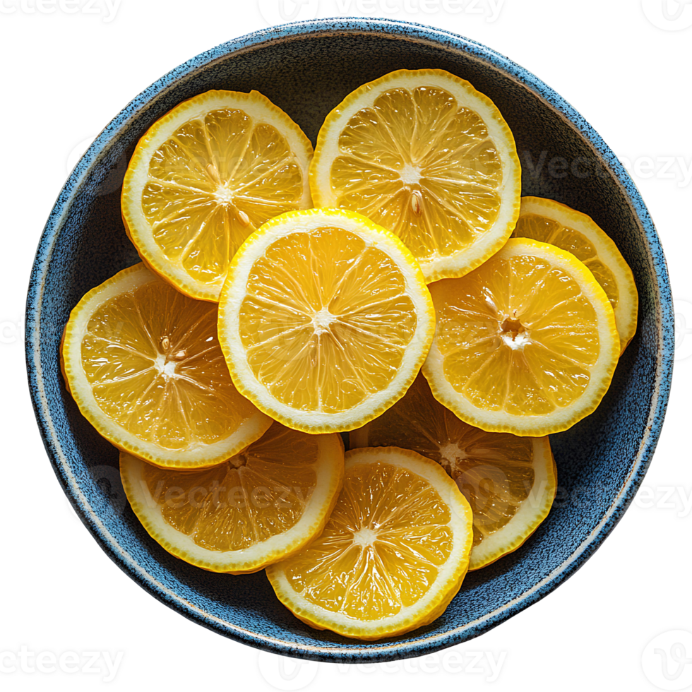lemon fruit bowl set . lemon citrus fruit top view isolated. bowl full of lemon slices flat lay . organic and healthy lemons . vegan vegetarian food lemons isolated png