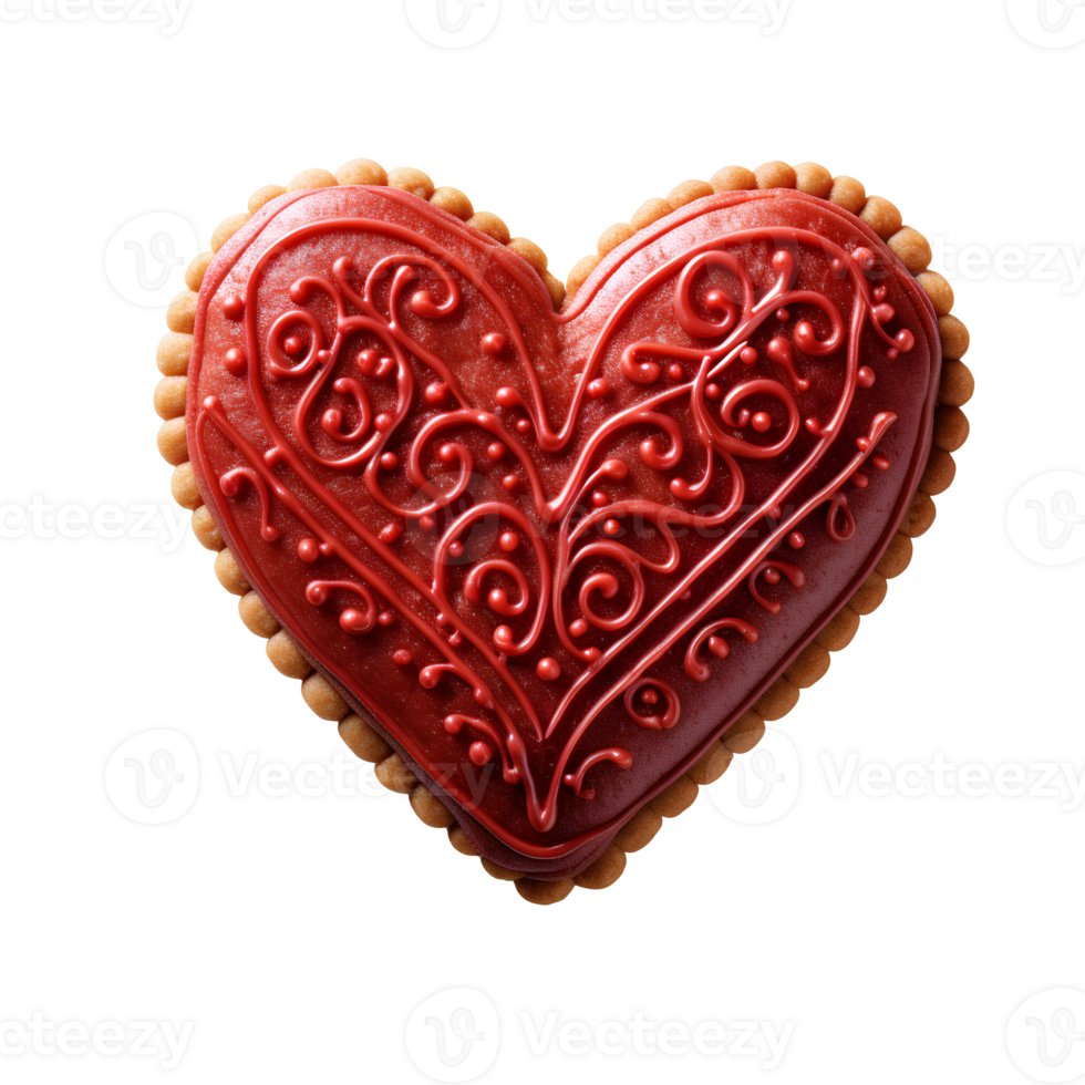heart shaped cookie with red frosting on top . Heart shaped sugar cookie for Valentine's Day top view . Valentine day biscuit flat lay isolated png